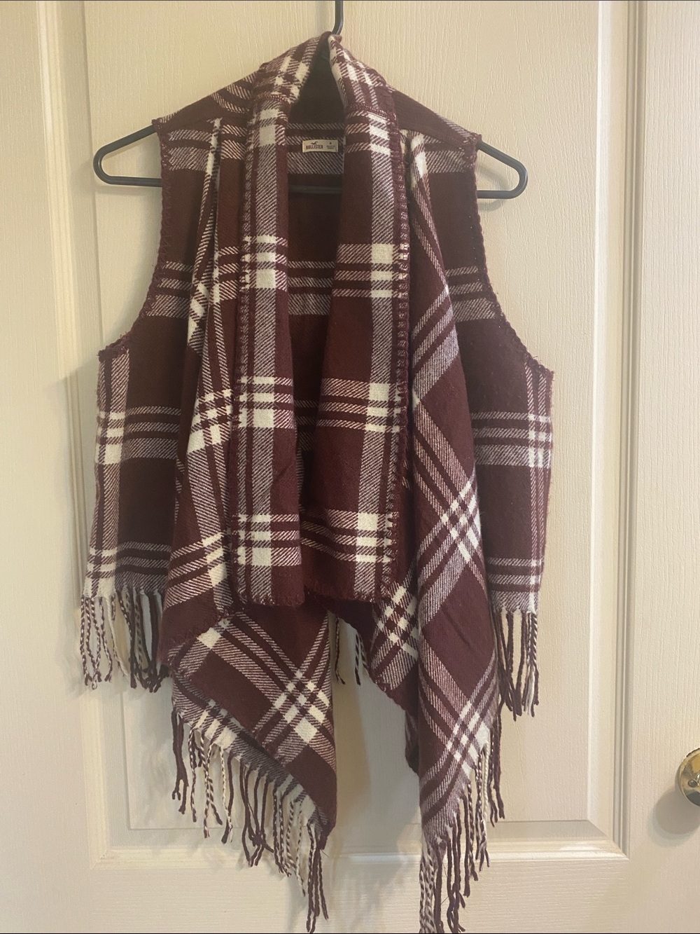 Hollister Burgundy and White Plaid Fringe Open Front Vest